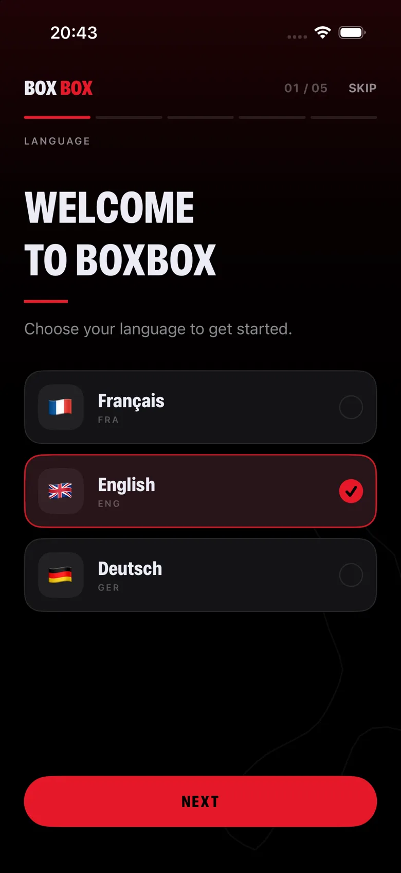 Écran de bienvenue BoxBox : choix de la langue (français, anglais, allemand)